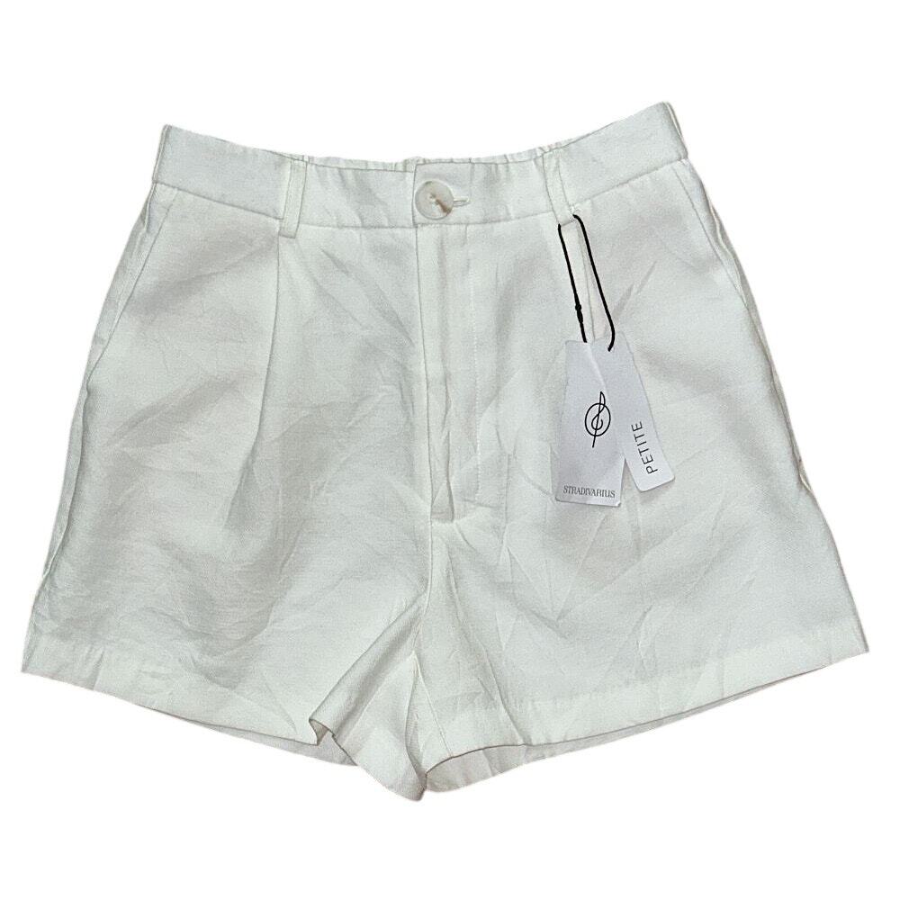 NWT Stradivarius Petite Pleated High-Rise Front Button Cream Shorts 4